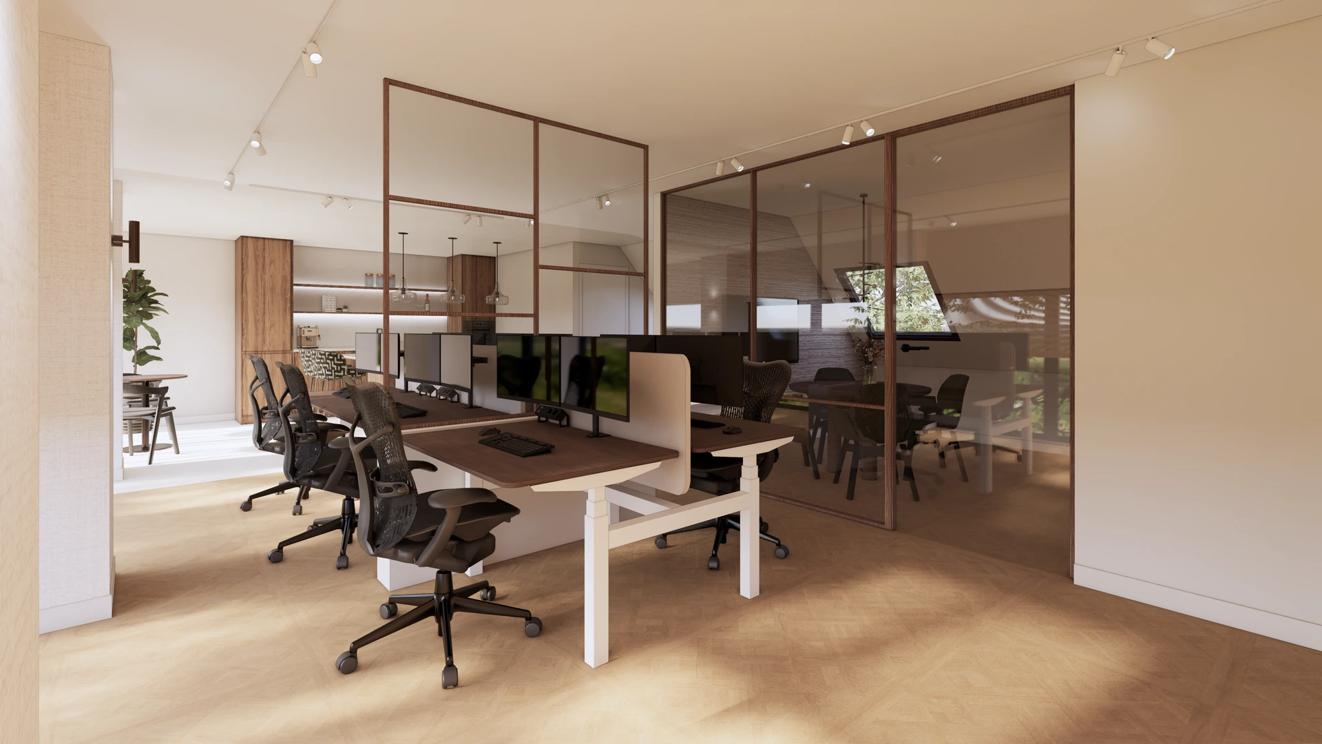 3D-visualisatie van de werkplekken en glazen scheidingswanden voor House of Mysc